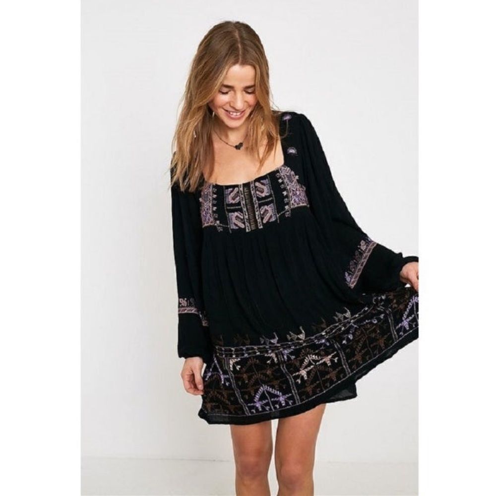 FREE PEOPLE Rhiannon dress black peach purple embroidery small new with tags